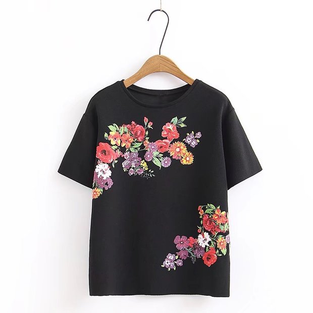Basic Design O Neck Flowers Printed T Shirts(3-4 Days Delivery)