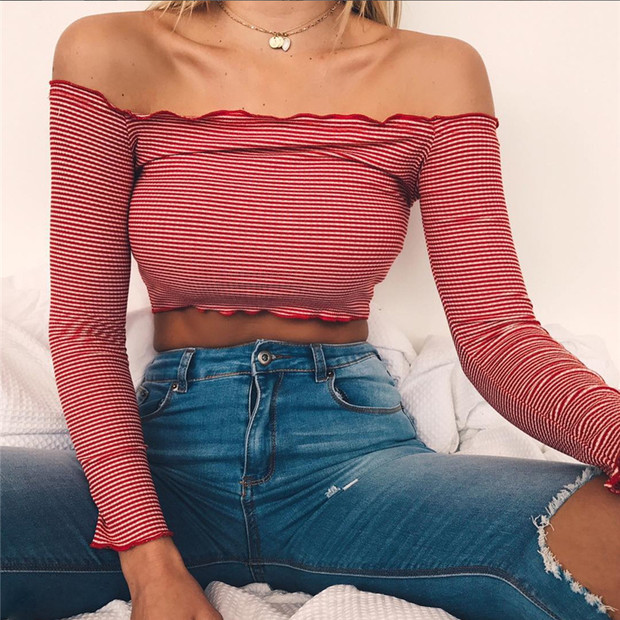 Sexy Striped Boat Neck Crop Tee Shirt
