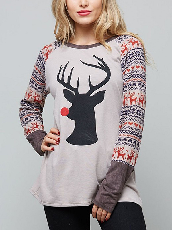 Autumn Christmas Printed Round Neck Pullover Tee