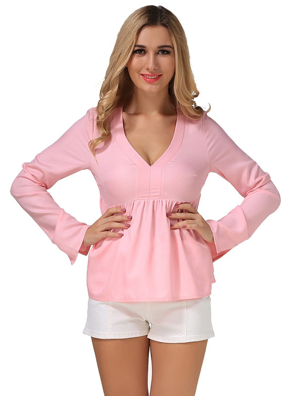 Basic Design V Neck Pink Long Sleeve T Shirt