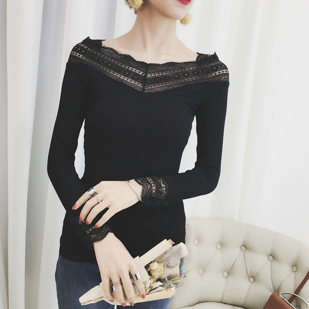 Lace Patch Suede Inner Boat Neck Winter Basic Tee