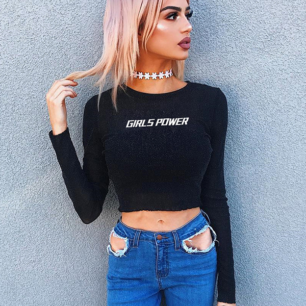 Autumn O Neck Letter Prints Sexy Cropped Tee