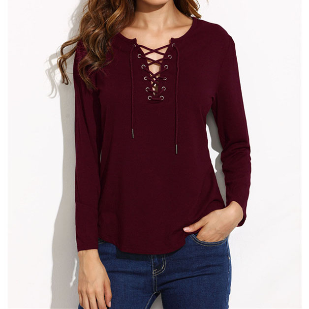 Lace Up Front Long Sleeve Chic Top