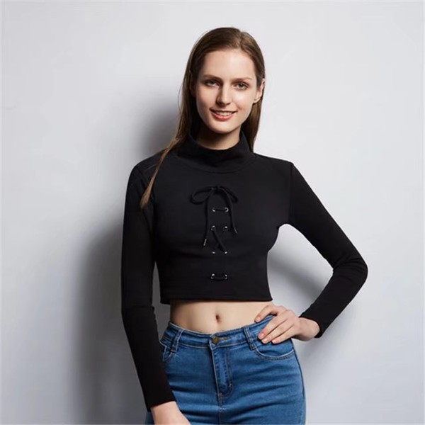 Solid Lace Up Mock Neck Crop Tee Top(3-4 Days Delivery)