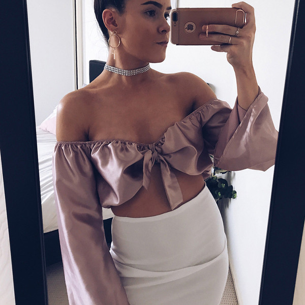 Purple Off Shoulder Satin Bow Cropped Top
