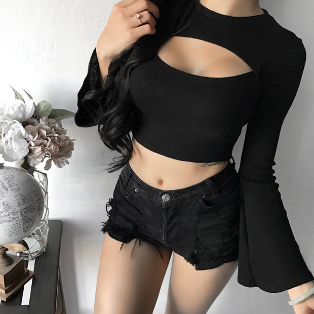 Sexy Hollow Out Solid Flare Sleeve Shirt