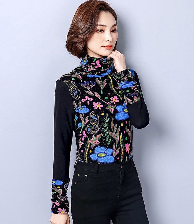 Korean Design High Neck Blue Flower Fitted Shirt
