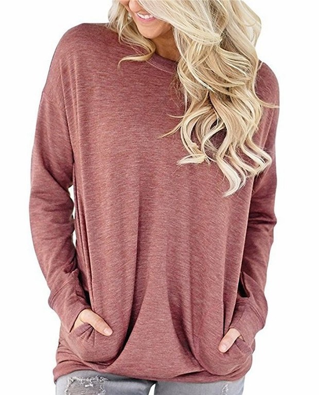 O Neck Long Sleeve Solid T Shirt With Pocket