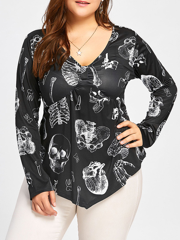 Newly Oversize V Neck Bandage Skull Printing Blouse