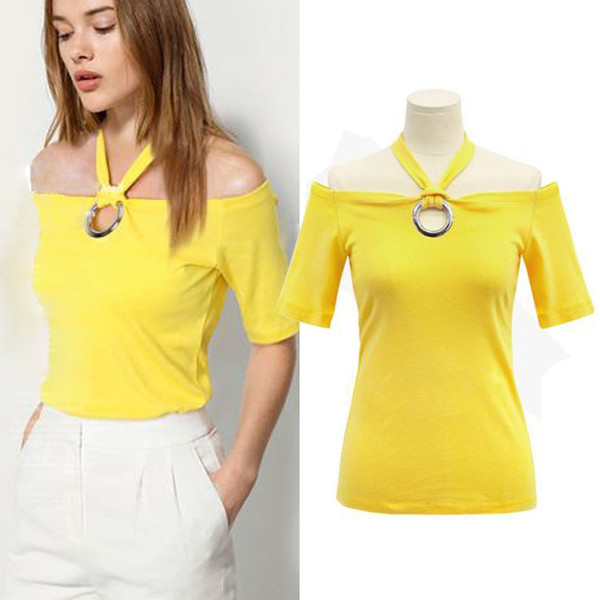 Solid Short Sleeve Boat Neck Halter T Shirt Design