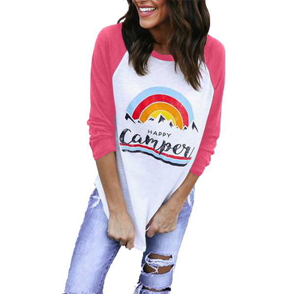Raglan Sleeve Contrast Color Prints Long Sleeve Tee